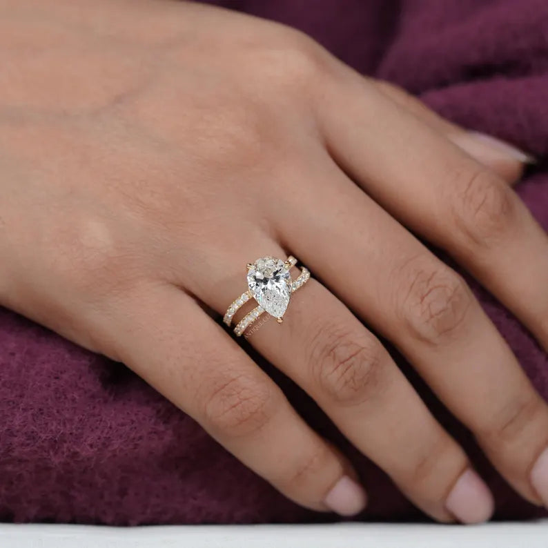 Pear 3.70tcw Lab Diamond Ring | Split Shank Pave Band | Luxury Engagement Ring