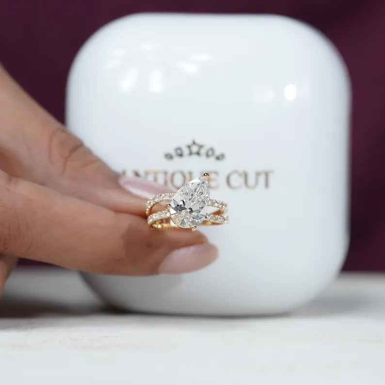 Pear 3.70tcw Lab Diamond Ring | Split Shank Pave Band | Luxury Engagement Ring