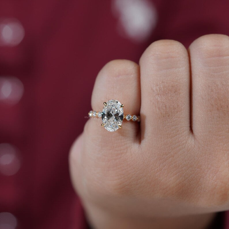 4.00TCW Oval Diamond Engagement Ring, 1.00ct Round Diamond Band & Hidden Halo Lab Diamond Ring | IGI Certified D-E-F VVS-VS.