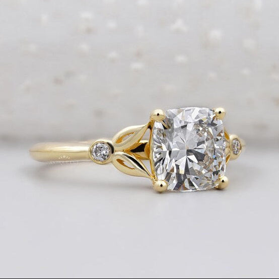 Lab grown cushion solitaire ring with accent diamonds