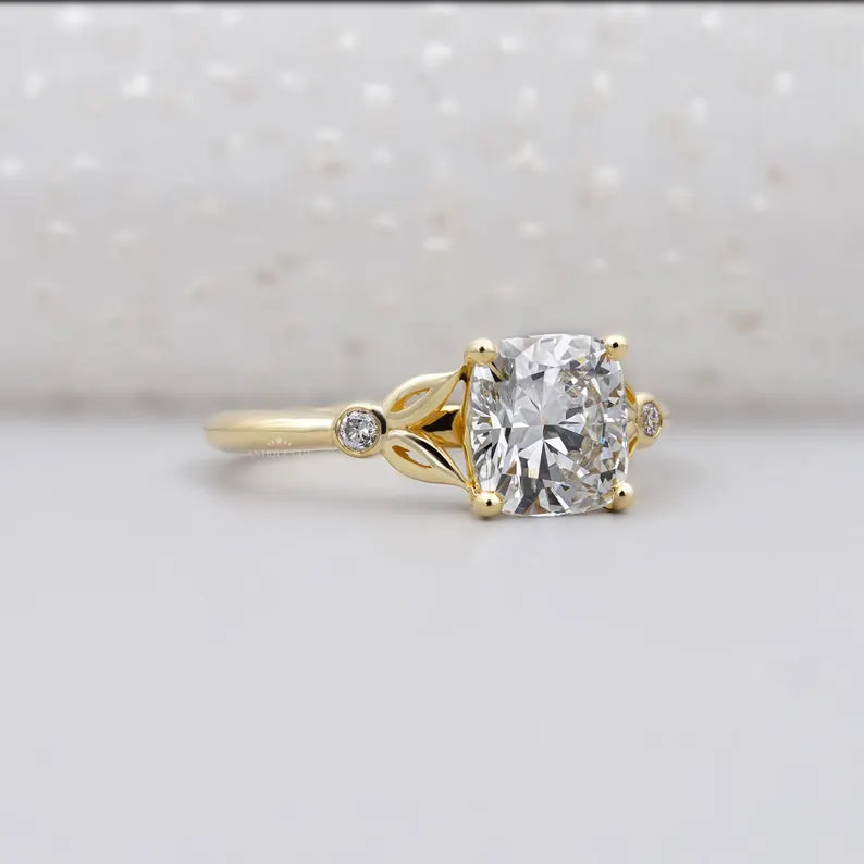 Cushion Solitaire Engagement Ring With Side Stone | Yellow Gold |  IGI Certified