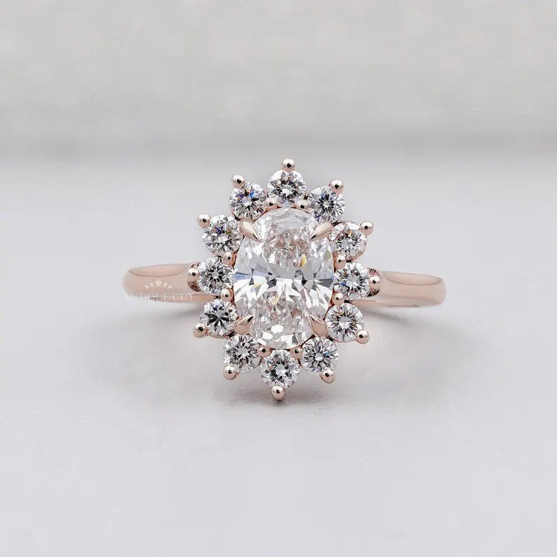 1.60TCW Oval Cut Lab Grown Diamond Halo Engagement Ring | Floral Ring | Round Diamond Accent Ring | Rose Gold | IGI Certified D-E-F VVS-VS.