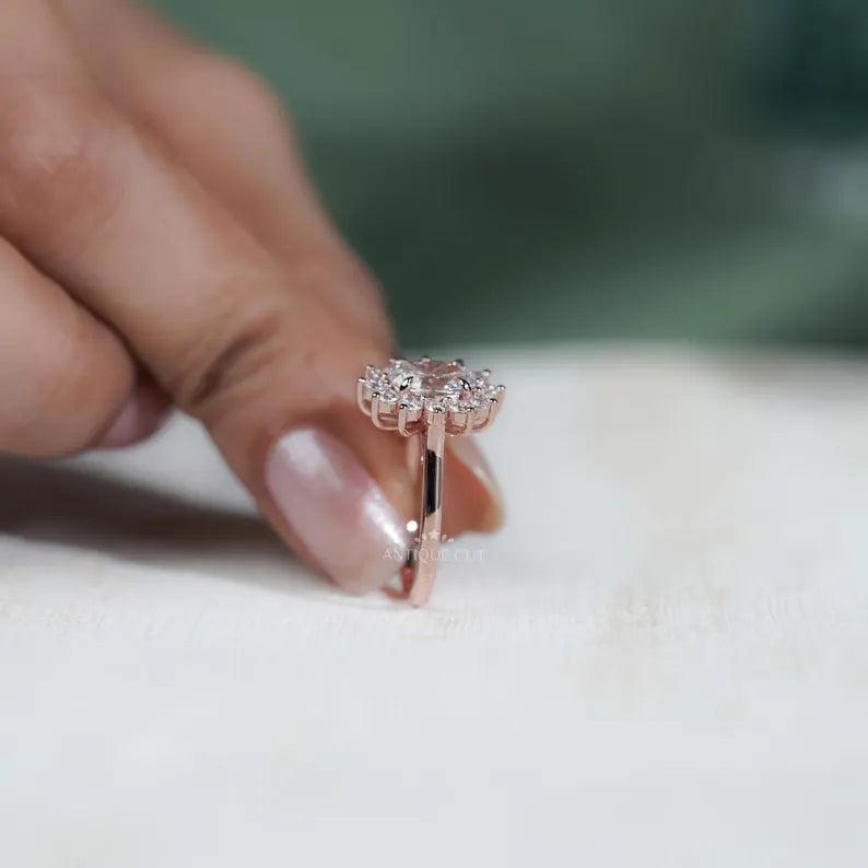 1.60TCW Oval Cut Lab Grown Diamond Halo Engagement Ring | Floral Ring | Round Diamond Accent Ring | Rose Gold | IGI Certified D-E-F VVS-VS.