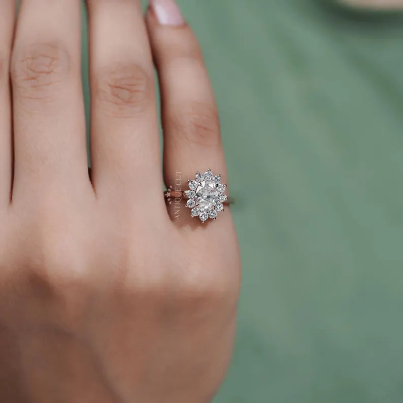 1.60TCW Oval Cut Lab Grown Diamond Halo Engagement Ring | Floral Ring | Round Diamond Accent Ring | Rose Gold | IGI Certified D-E-F VVS-VS.