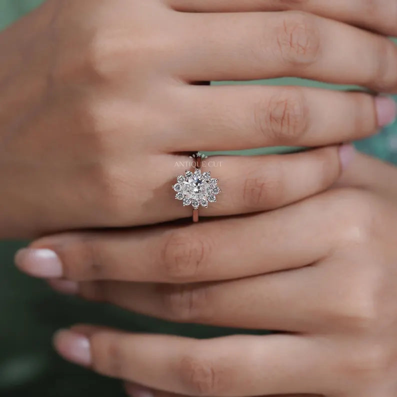 1.60TCW Oval Cut Lab Grown Diamond Halo Engagement Ring | Floral Ring | Round Diamond Accent Ring | Rose Gold | IGI Certified D-E-F VVS-VS.