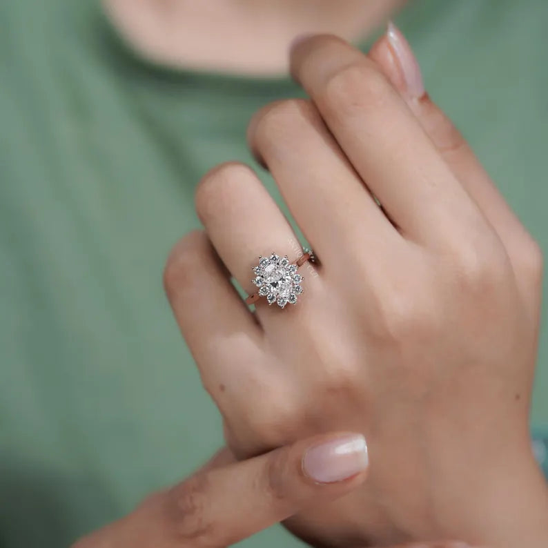 1.60TCW Oval Cut Lab Grown Diamond Halo Engagement Ring | Floral Ring | Round Diamond Accent Ring | Rose Gold | IGI Certified D-E-F VVS-VS.