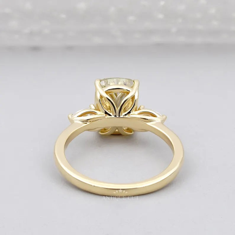 4.00tcw Cushion Cut Yellow Diamond Three-Stone Engagement Ring | Pear Side Stones | Lab Grown Diamond Ring IGI Certified D-E-F VVS-VS.