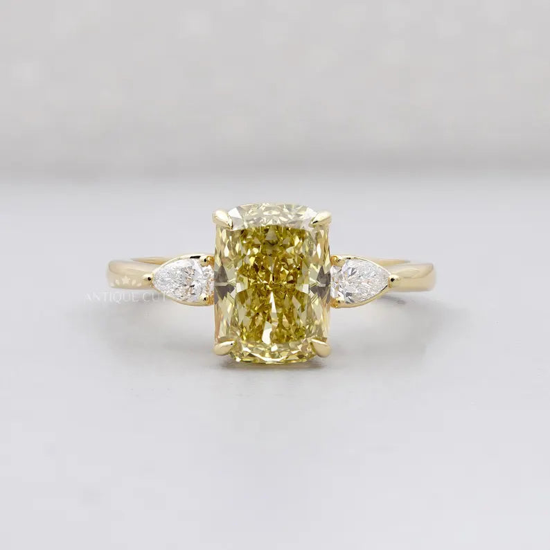 4.00tcw Cushion Cut Yellow Diamond Three-Stone Engagement Ring | Pear Side Stones | Lab Grown Diamond Ring IGI Certified D-E-F VVS-VS.