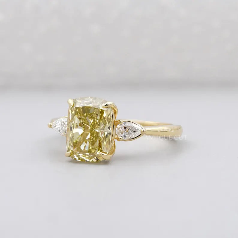 4.00tcw Cushion Cut Yellow Diamond Three-Stone Engagement Ring | Pear Side Stones | Lab Grown Diamond Ring IGI Certified D-E-F VVS-VS.