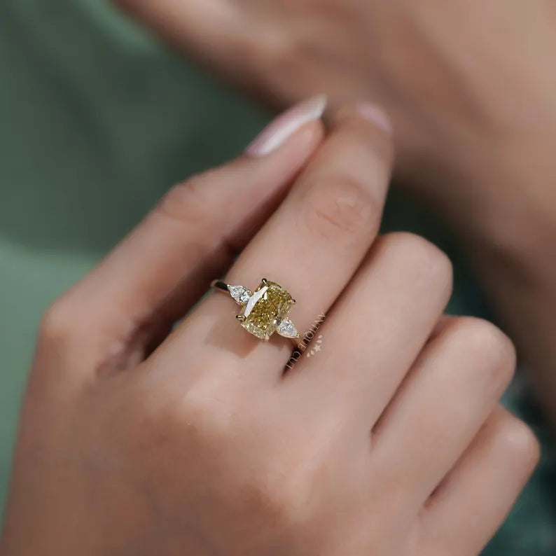 4.00tcw Cushion Cut Yellow Diamond Three-Stone Engagement Ring | Pear Side Stones | Lab Grown Diamond Ring IGI Certified D-E-F VVS-VS.