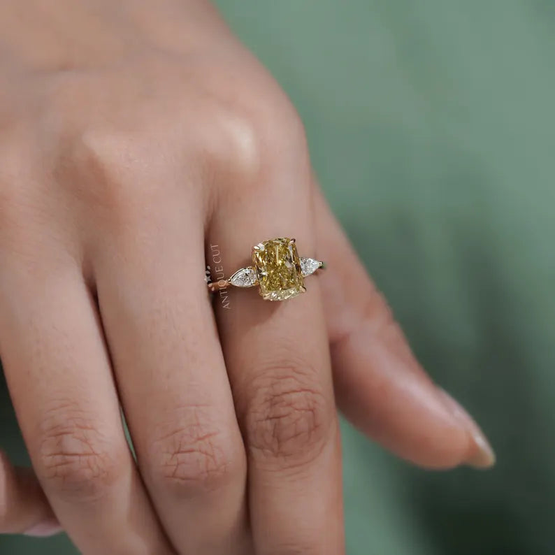 4.00tcw Cushion Cut Yellow Diamond Three-Stone Engagement Ring | Pear Side Stones | Lab Grown Diamond Ring IGI Certified D-E-F VVS-VS.