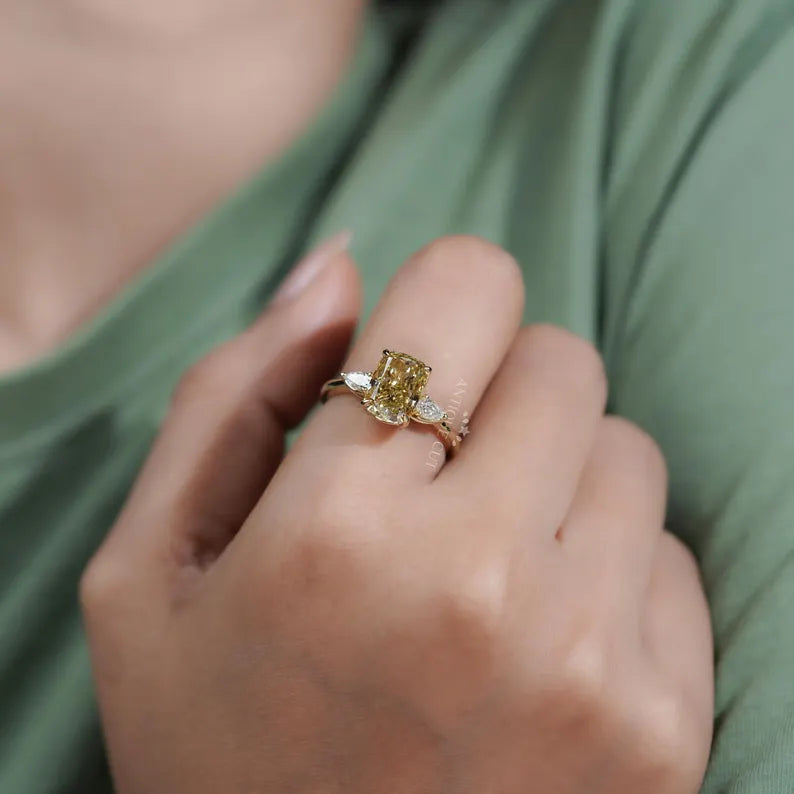 4.00tcw Cushion Cut Yellow Diamond Three-Stone Engagement Ring | Pear Side Stones | Lab Grown Diamond Ring IGI Certified D-E-F VVS-VS.