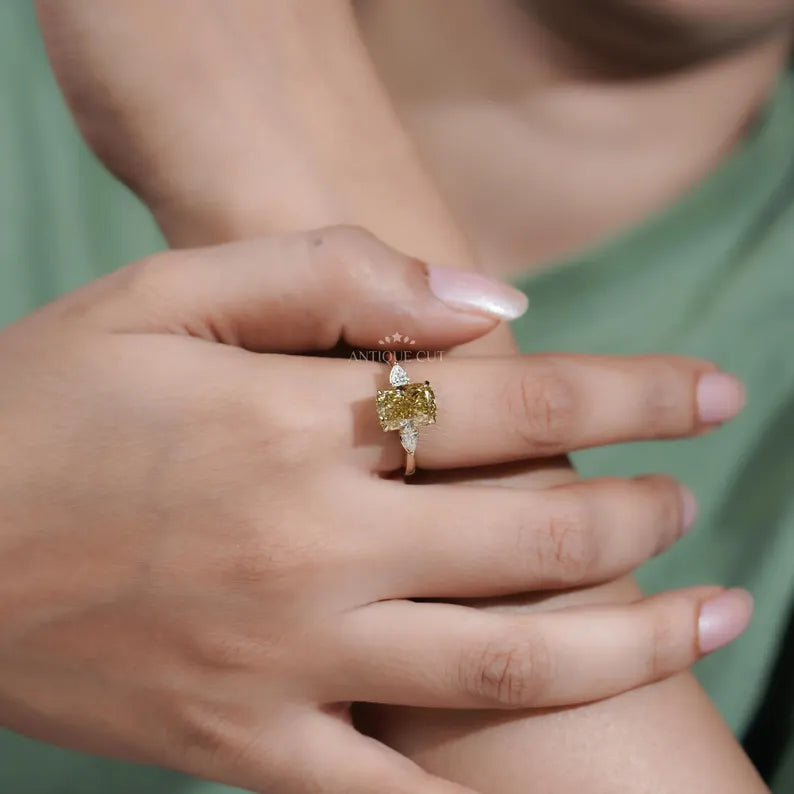 4.00tcw Cushion Cut Yellow Diamond Three-Stone Engagement Ring | Pear Side Stones | Lab Grown Diamond Ring IGI Certified D-E-F VVS-VS.