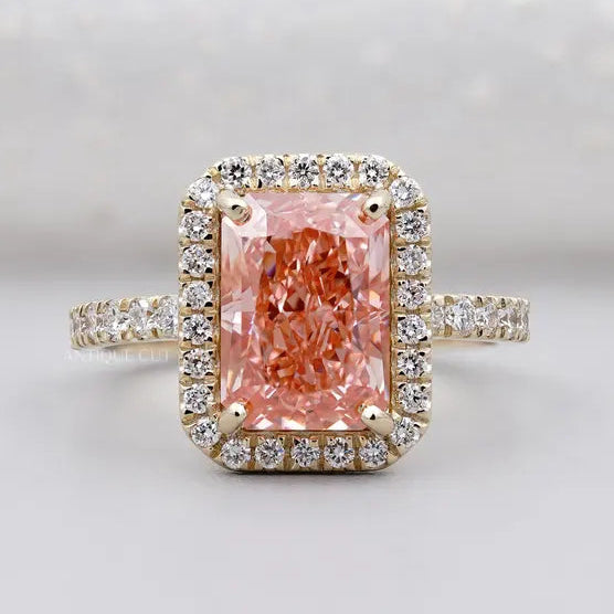 Pink radiant cut diamond ring halo pave band yellow gold