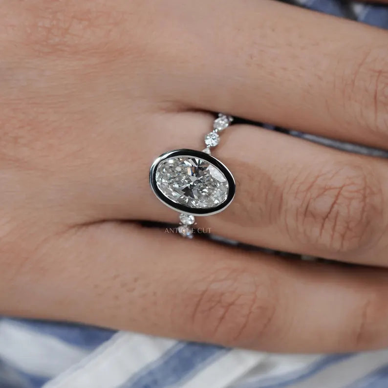 Oval 3.50tcw Bezel Set Lab Grown Diamond Engagement Ring | Yellow Gold with Side Stones | IGI Certified