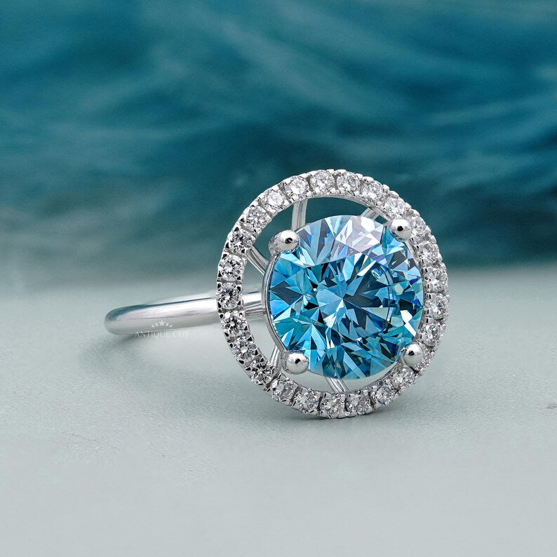 IGI Certified Fancy Blue Diamond Ring Halo Design
