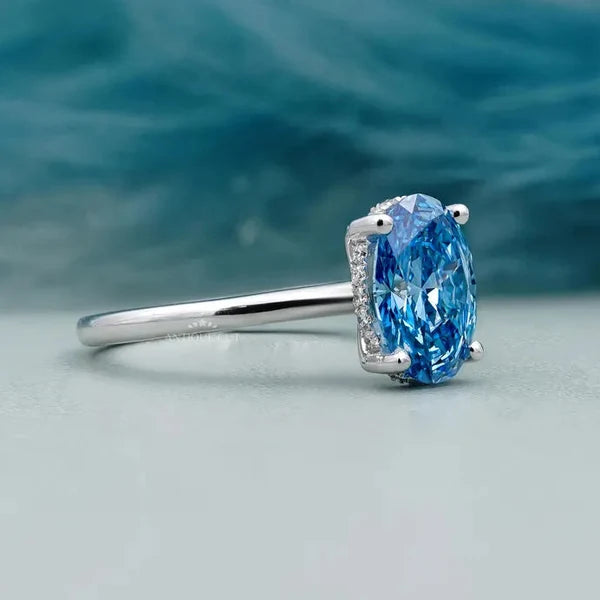 Fancy Blue Diamond Solitaire Ring | Hidden Halo Oval Engagement Ring | IGI Certified