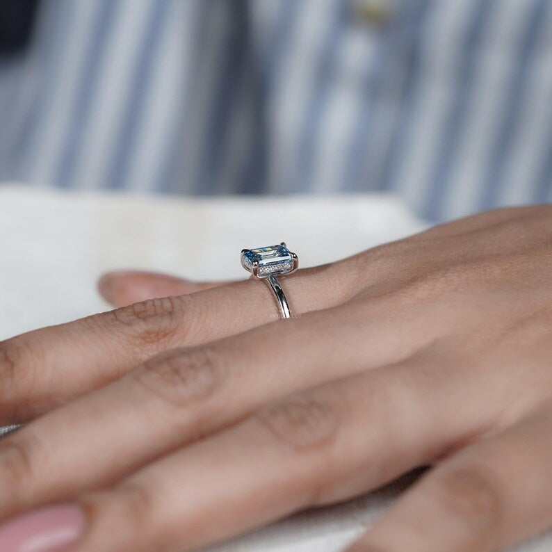 Vintage inspired blue diamond ring white gold