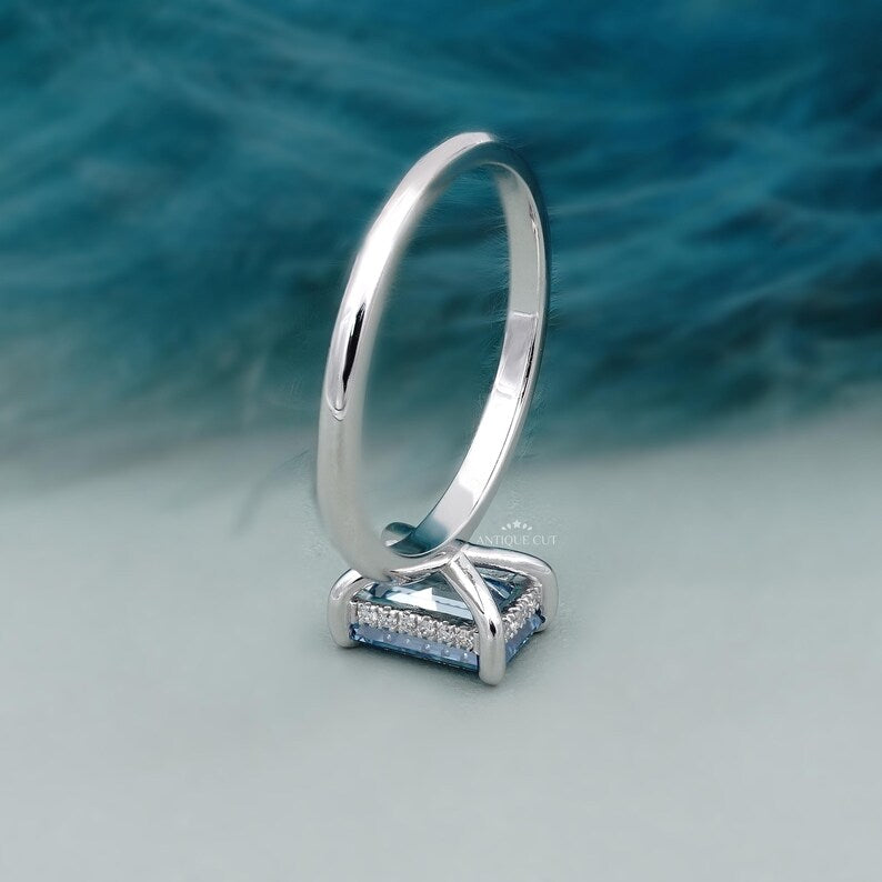 Blue diamond ring 4 prong white gold elegant design
