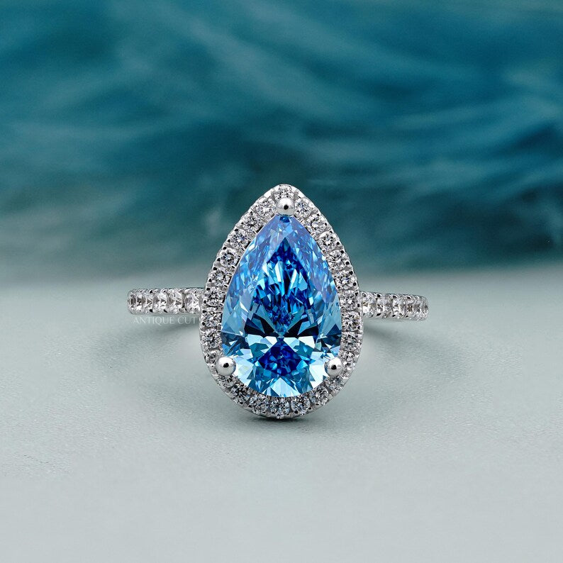 Blue diamond pear ring halo engagement pave band white gold