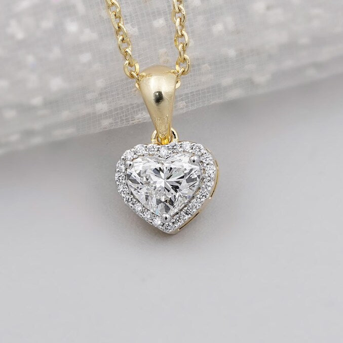 heart shape diamond halo pendant necklace in 14K yellow gold
