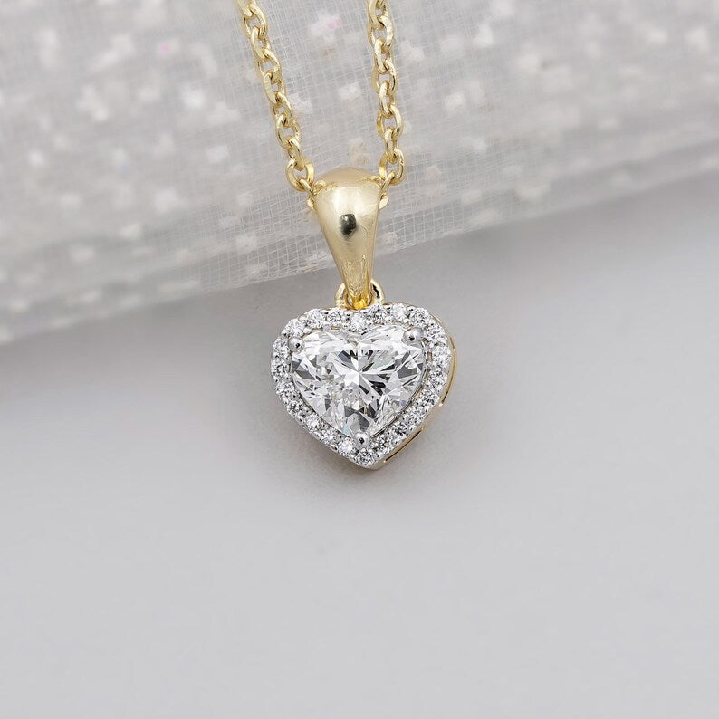 heart shape diamond halo pendant necklace in 14K yellow gold