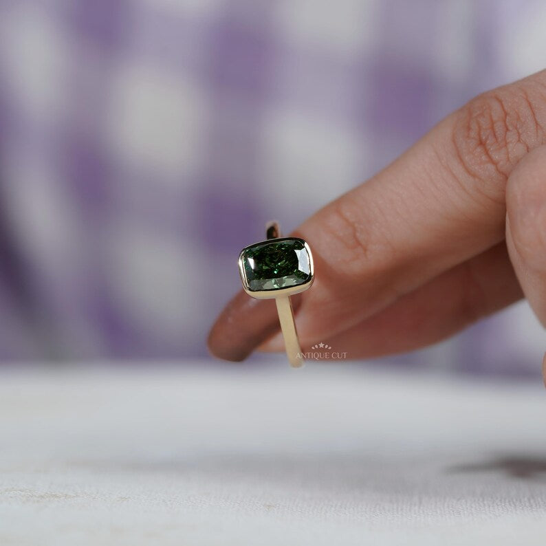 Fancy Green Bezel Cushion Cut Ring | Lab Made Diamond | IGI Certified
