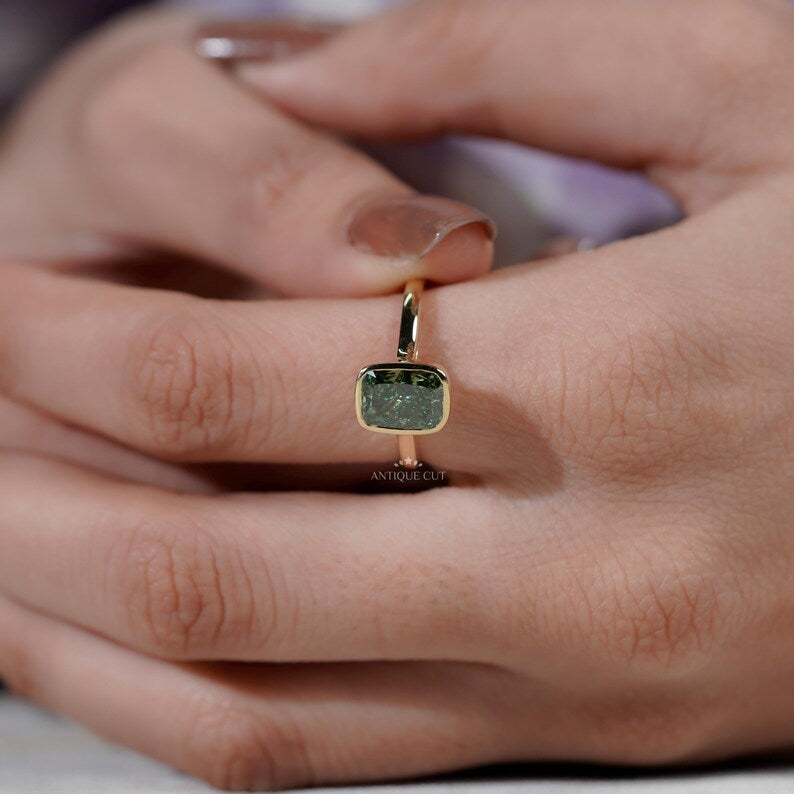 Fancy Green Bezel Cushion Cut Ring | Lab Made Diamond | IGI Certified