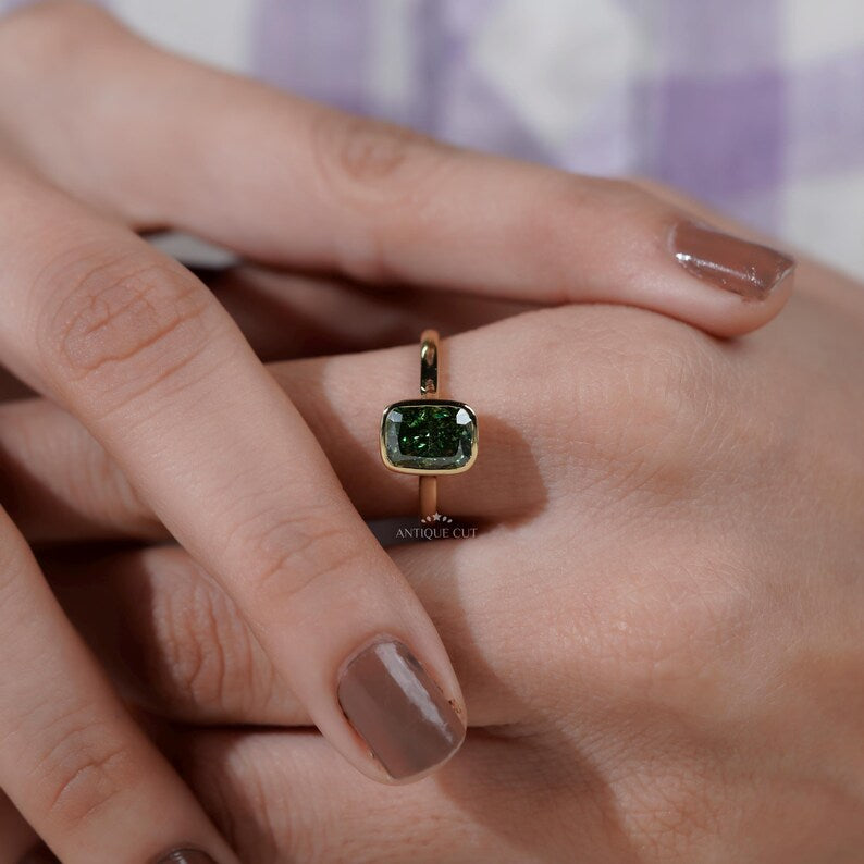 Fancy Green Bezel Cushion Cut Ring | Lab Made Diamond | IGI Certified