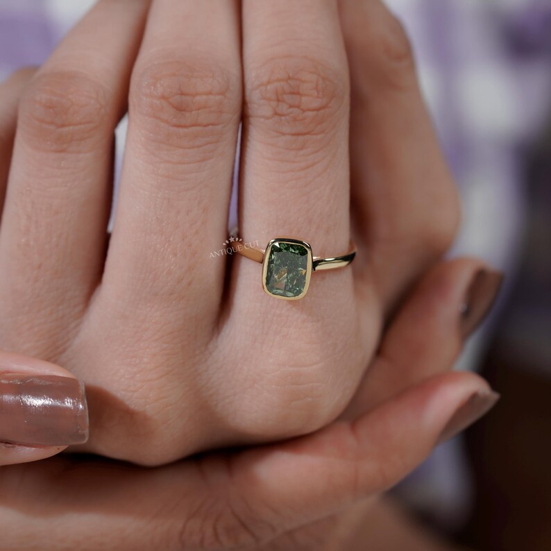 Fancy Green Bezel Cushion Cut Ring | Lab Made Diamond | IGI Certified
