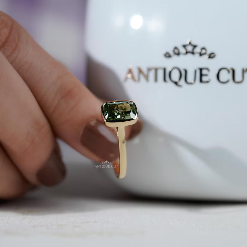 Fancy Green Bezel Cushion Cut Ring | Lab Made Diamond | IGI Certified