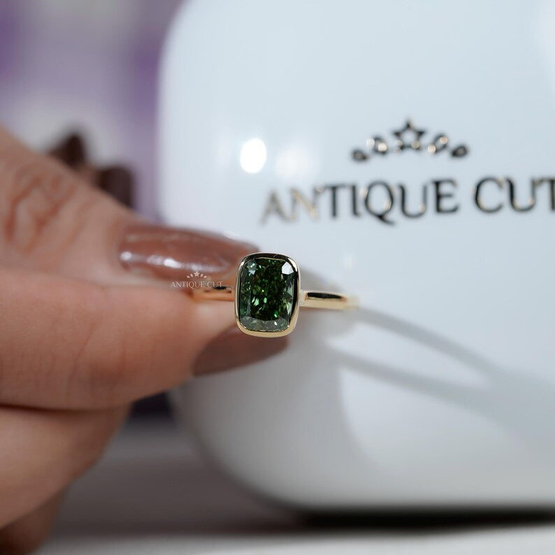 Fancy Green Bezel Cushion Cut Ring | Lab Made Diamond | IGI Certified