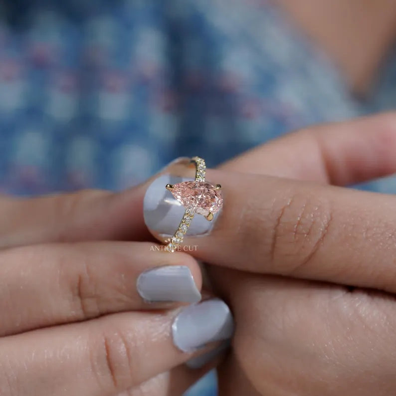 Elegant pear fancy pink diamond pave band ring