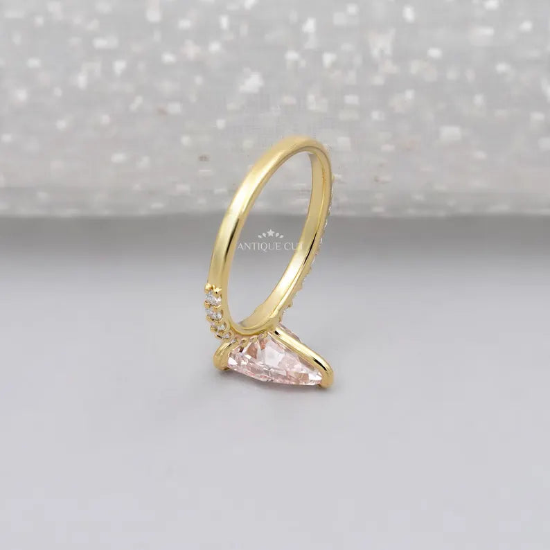 Pave band pear pink diamond ring yellow gold