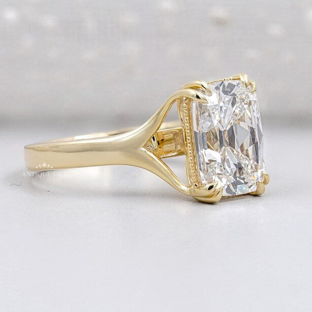 Double prong old mine cushion engagement ring