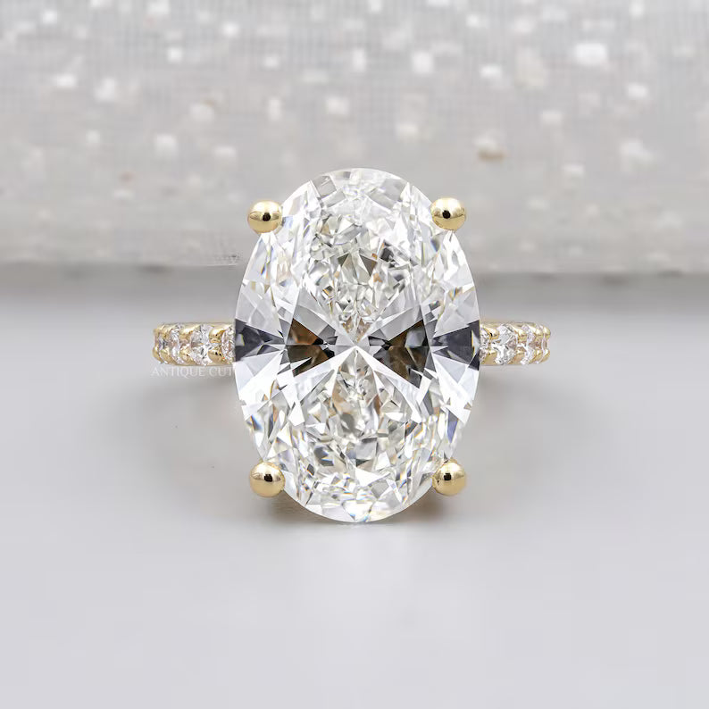 Antiquecut large oval lab grown diamond engagement ring in yellow gold