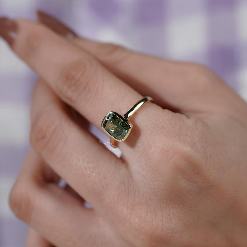 Fancy Green Bezel Cushion Cut Ring | Lab Made Diamond | IGI Certified