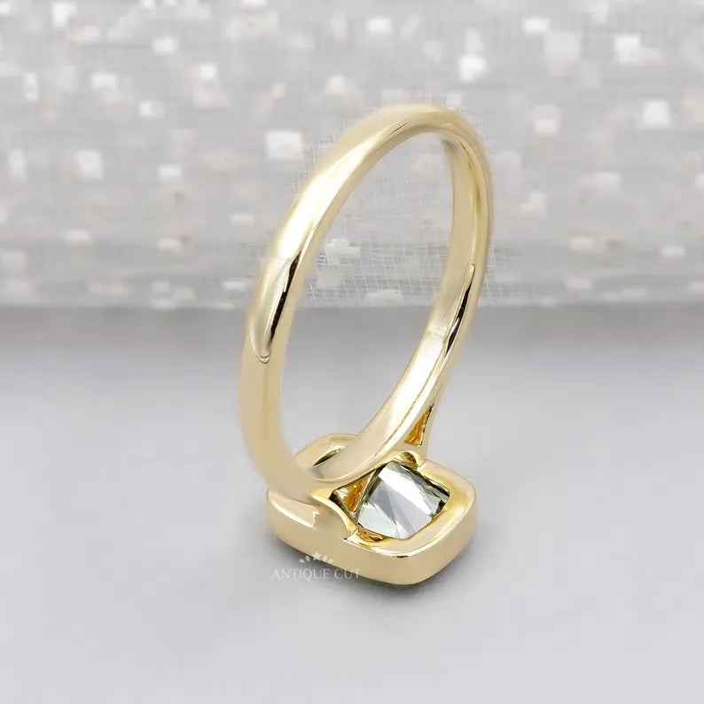 Lab grown fancy green cushion cut diamond ring yellow gold