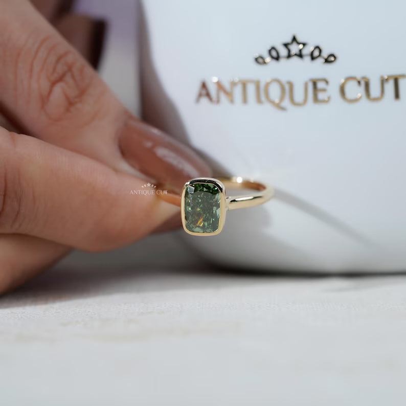 Fancy Green Bezel Cushion Cut Ring | Lab Made Diamond | IGI Certified