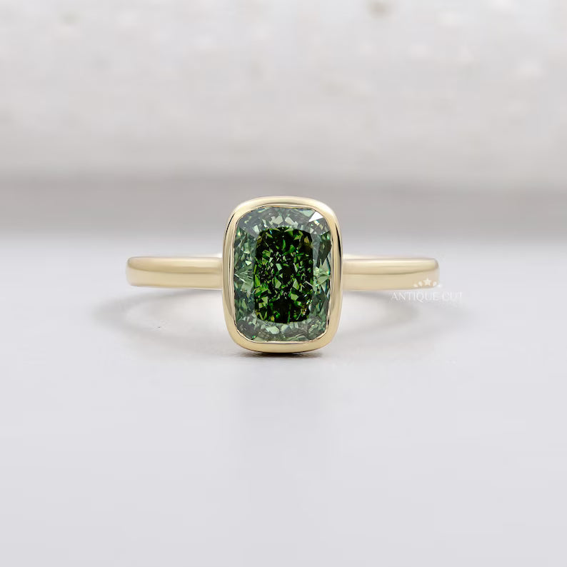 Fancy Green Bezel Cushion Cut Ring | Lab Made Diamond | IGI Certified