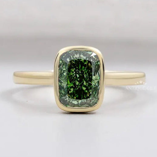 Fancy Green Bezel Cushion Cut Ring yellow gold