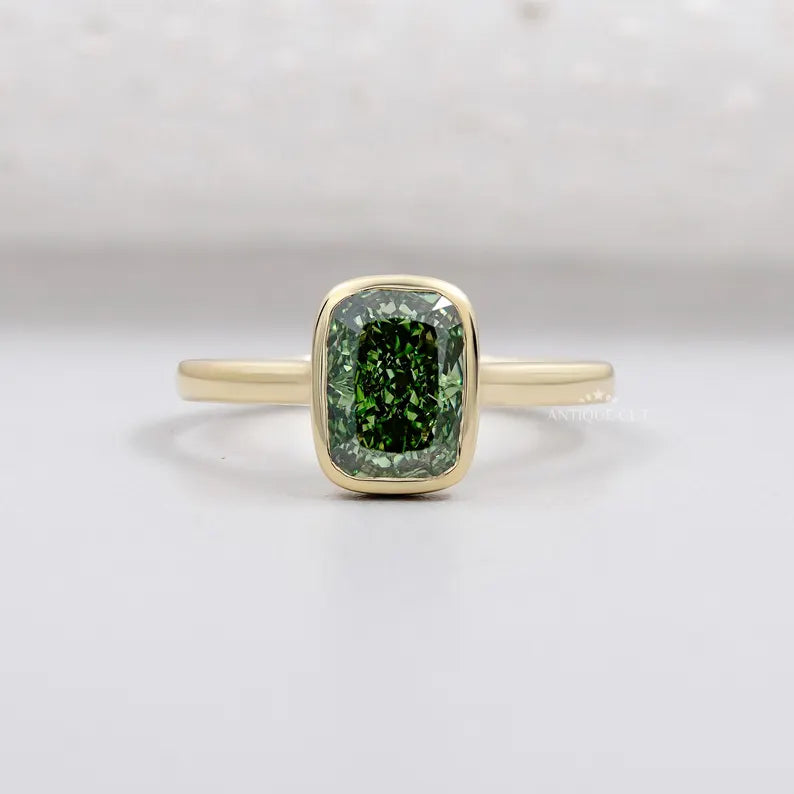 Fancy Green Bezel Cushion Cut Ring yellow gold
