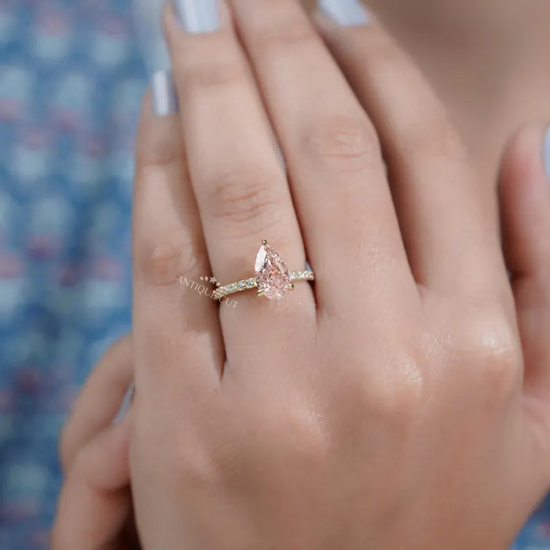 Vintage inspired pear fancy pink diamond ring