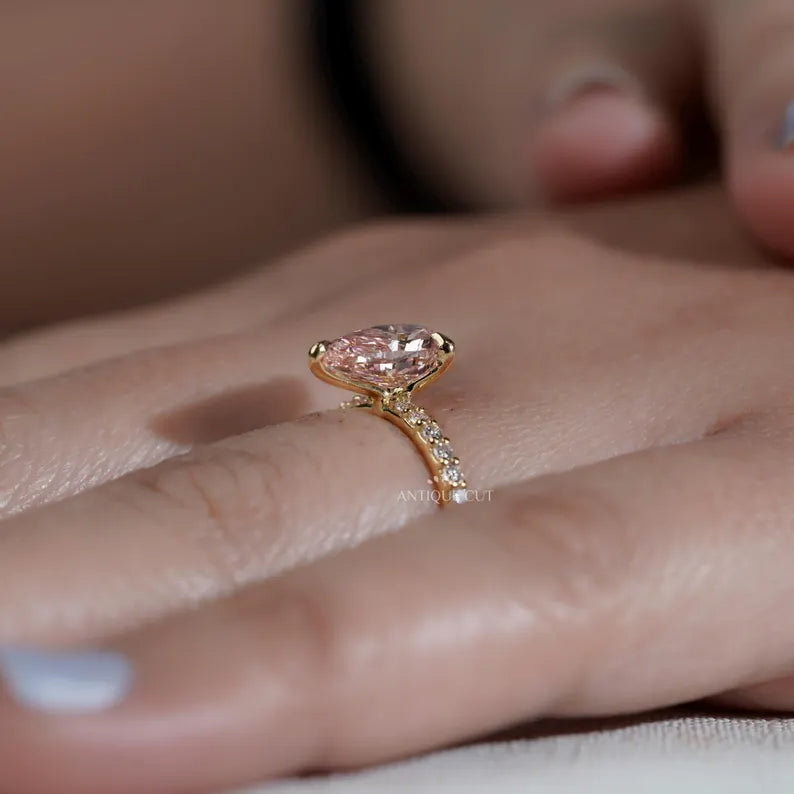 Lab grown pear pink diamond engagement ring