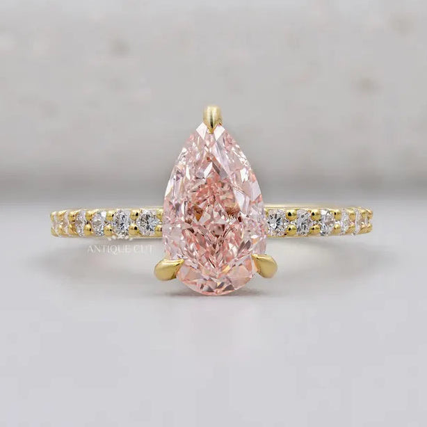 Pear Fancy Pink Diamond ring pave band yellow gold