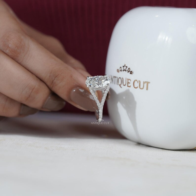 Split Shank Oval Cut Engagement Ring | Hidden Halo Diamond Ring in White Gold