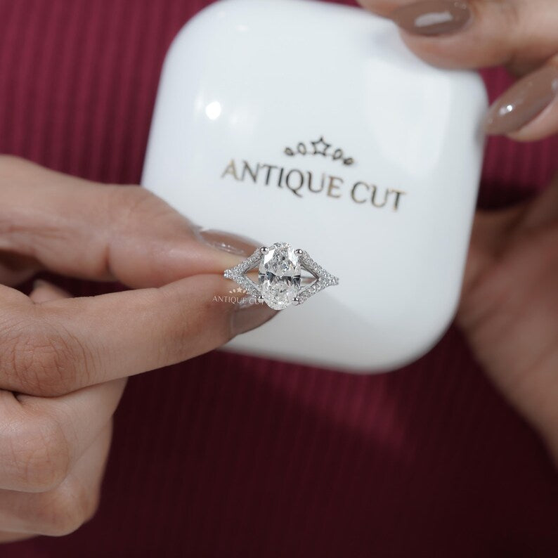 Split Shank Oval Cut Engagement Ring | Hidden Halo Diamond Ring in White Gold