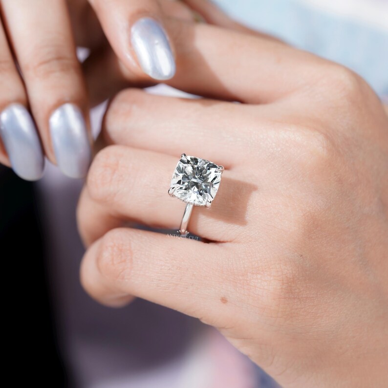 Minimalist bridal cushion diamond ring with hidden halo