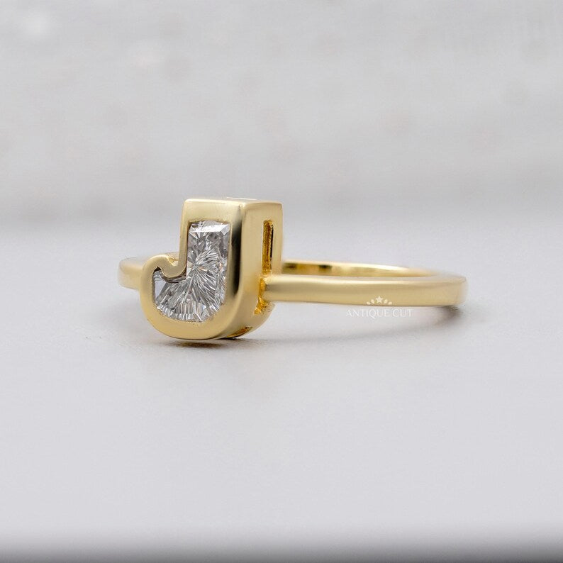 J Shape Initial Design With Lab Grown Diamond Bezel Set Ring