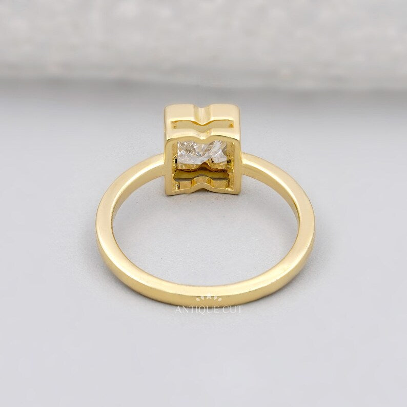 N letter ring with bezel set diamond yellow gold